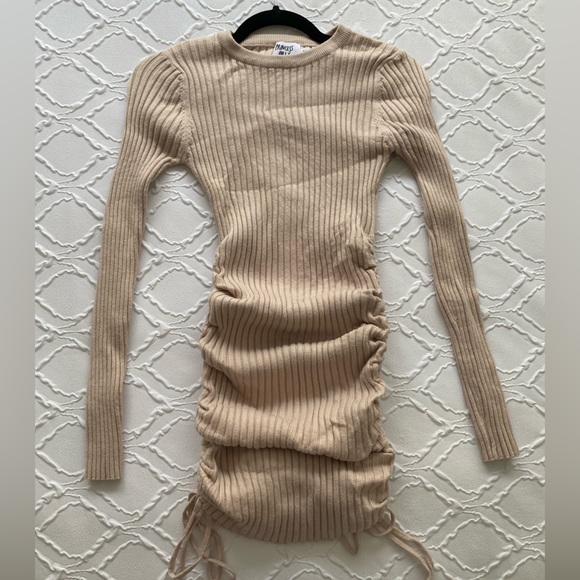 Princess Polly - Cream Ribbed Knit Long Sleeve Mini Bodycon Sweater Dress - Picture 5 of 5